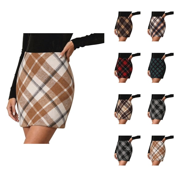 Wool Skirts for Women Fall Winter High Waisted Plaid Bodycon Pencil Short Mini Skirt