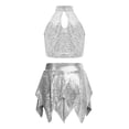 thumbnail image 4 of Eandarui Kids Girls Sequins Metallic Ballet Jazz Hip Hop Dance Outfits Halter Crop Top with Asymmetric Tutu Skirt Set Silver 10, 4 of 7