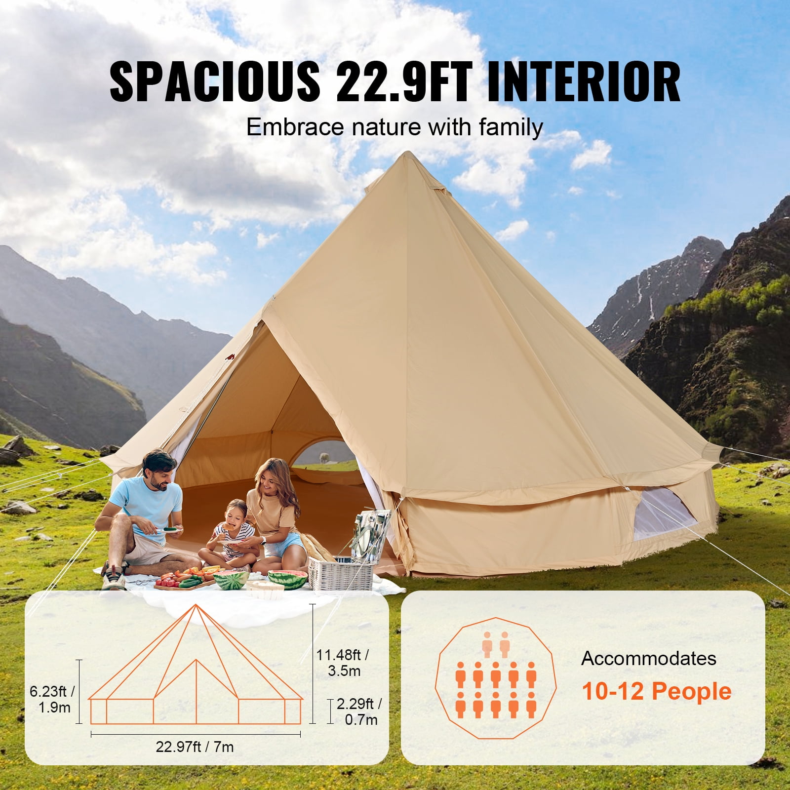 KFFKFF Fabric Yurt Shelter, All-Weather 7m/22.97ft Camping Tent, Equipped with Stove Jack, Accommodates 12 Individuals, Suitable for Family Outdoor Excursions and Hunting Gatherings