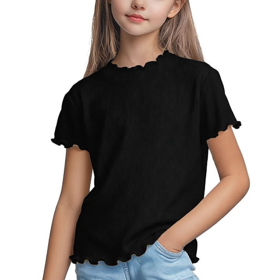 Amidoa Girls Short Sleeve Summer Ruffle Sleeve Crewneck Solid Color T Shirts Casual Kids Tops Black Size 6