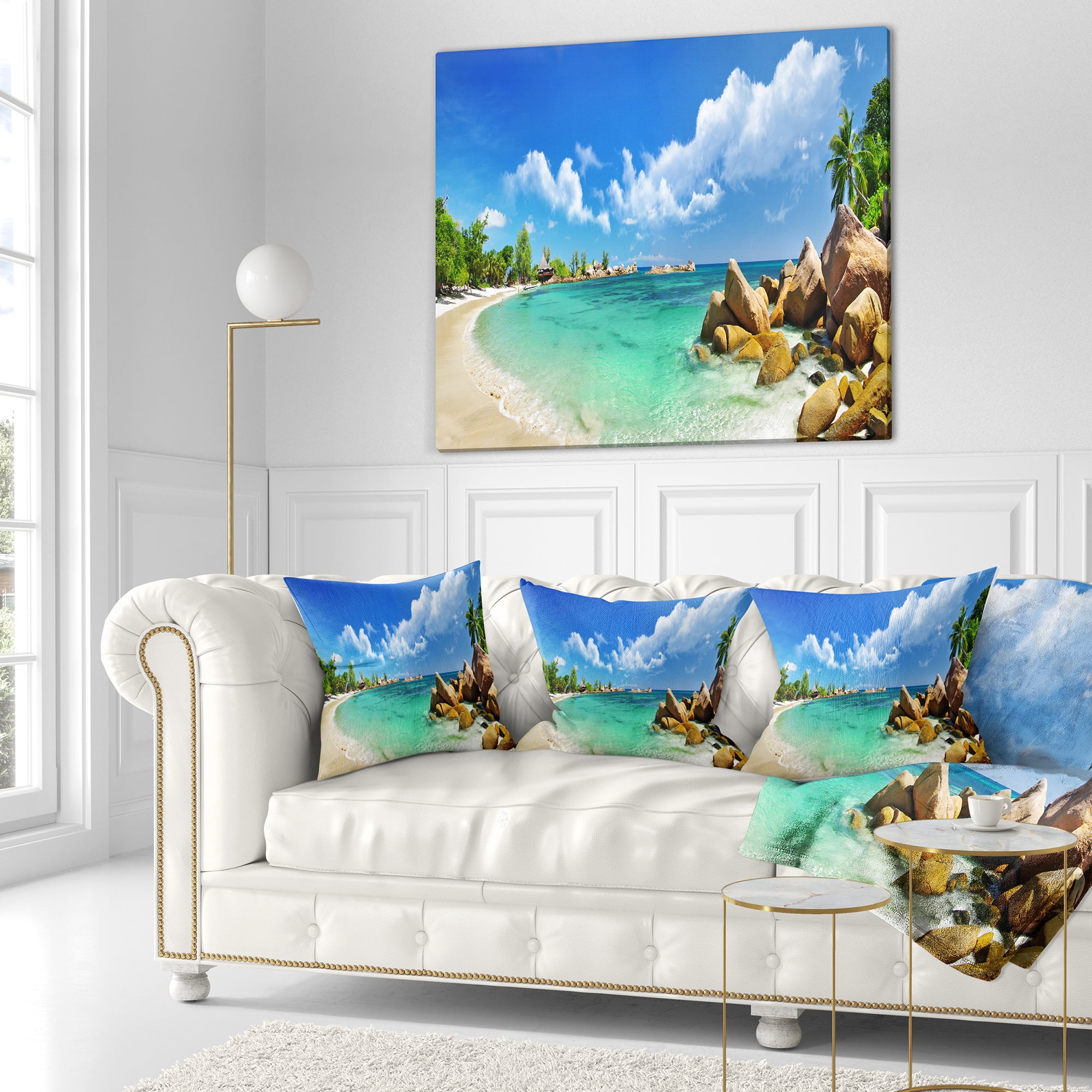 Designart Seychelles Islands Panorama - Landscape Photography Throw Pillow - 18x18