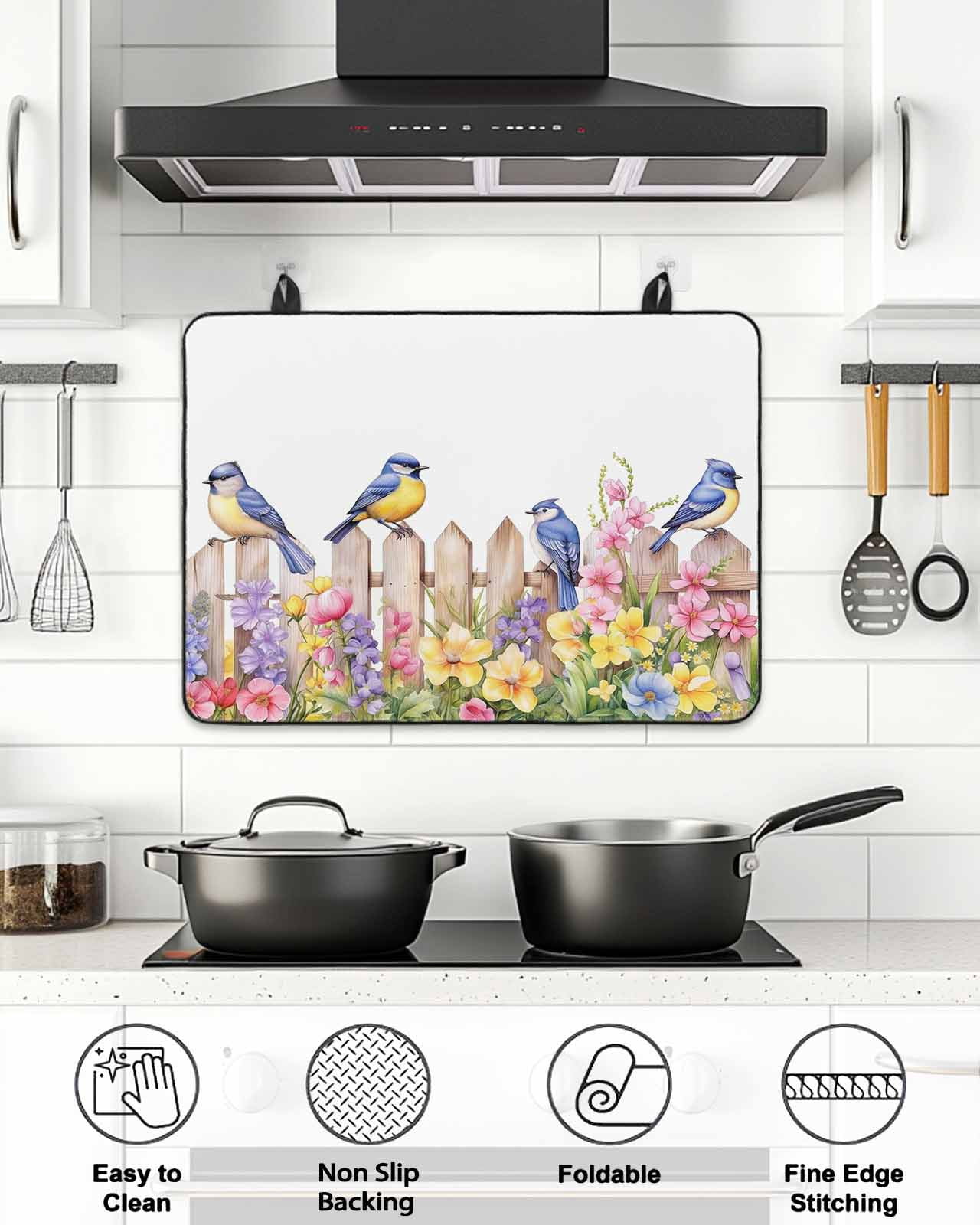 Stove Top Covers for Electric Stove, Spring Floral Glass Stovetop Cover Protector, Summer Birds Botanical Fence Induction Cooktop Protector Oven Mat for Kitchen Countertop 24"x21"