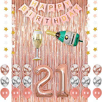 Rose Gold Birthday Party Decoration for Girl with Happy Birthday Letter Banner Champagne Goblet Shape Balloons and Rose Gold Balloons 