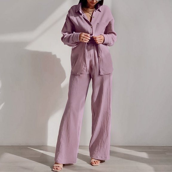 Pajamas for women 2022 Autumn European And American Shirt Crepe Cotton Pajamas Can Wear Trousers Loose Two-piece Ladies' Household Clothing Purple L