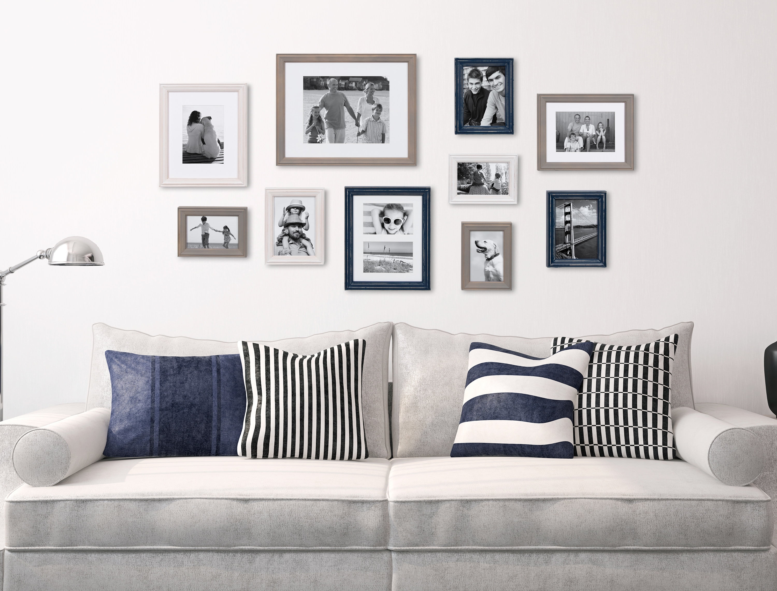Kate and Laurel Bordeaux Coastal Gallery Wall Kit, Set of 10 with Assorted Size Frames in 3 Different Finishes, White, Blue and Gray