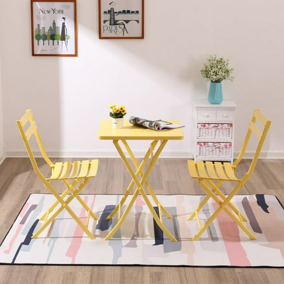 3 Piece Foldable Metal Outdoor Bistro Sets with Table and Chairs, Yellow