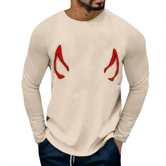 PMUYBHF Mens V Neck T Shirts Men's Horn Print T Shirt Long Sleeve Crew Neck Top T Shirt Dress Shirts for Men White Slim Men T Shirts Graphic Guitars