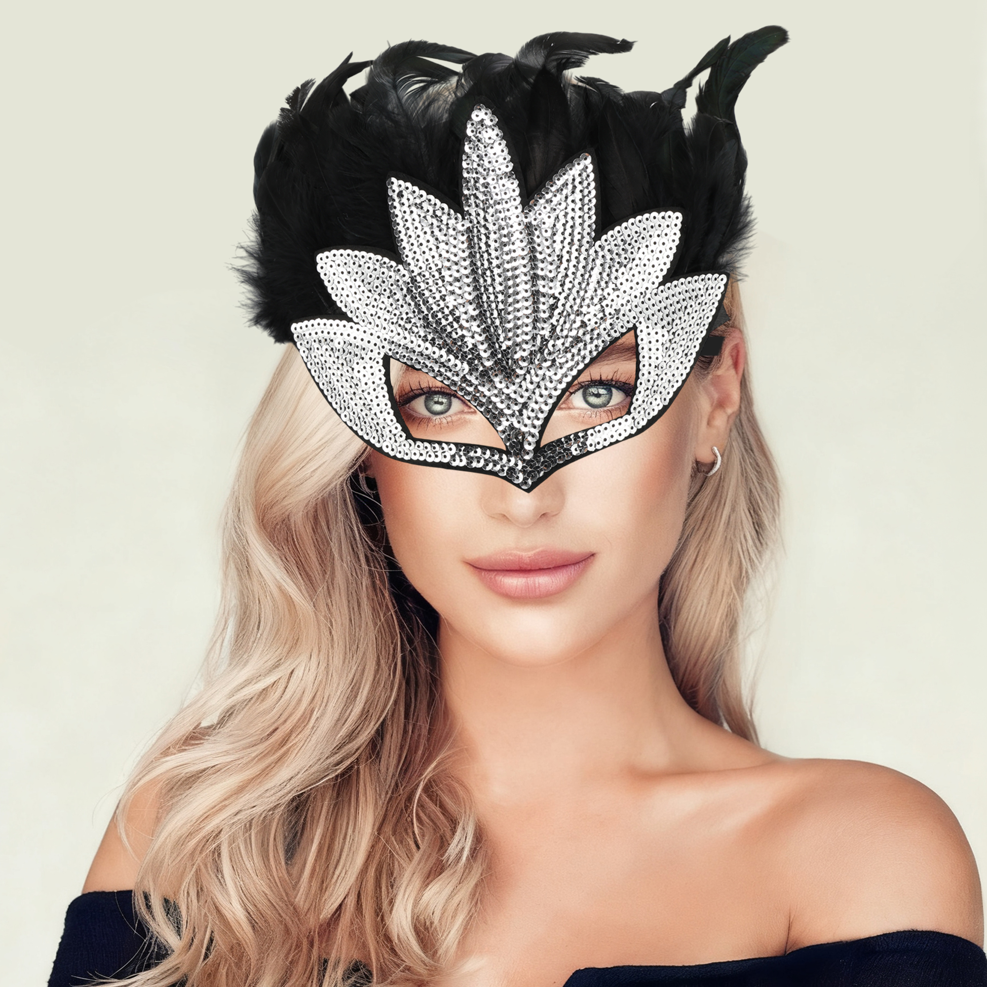 Unique Bargains 1 Pack Elegant Sequined Feathers Party Mask Silver Tone