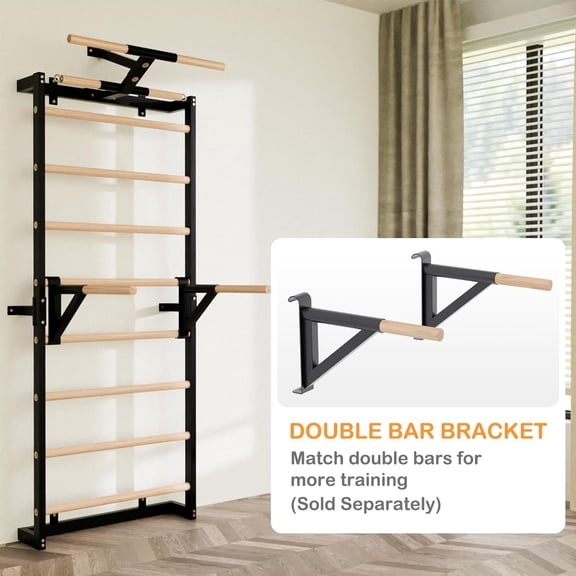 Swedish Ladder, Wood Stall Bars Suspension Trainer with Pull-Up Bar & Rings for Straps, Wall-Mounted Workout Ladder for Home, Gym, School