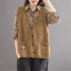 thumbnail image 1 of Suéter tejido a mano de moda coreana con bolsillo de flores, chaleco de punto para mujer para primavera y verano, cárdigan sin mangas, chaleco vintage, 1 of 5