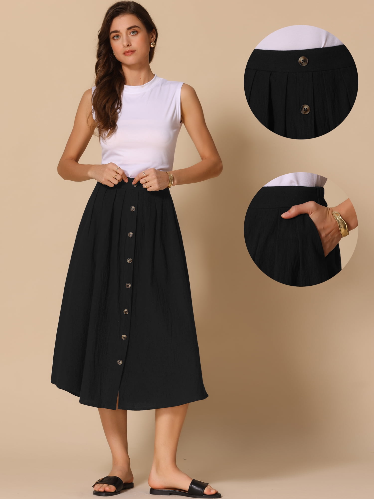 DARING DIVA Women's Button Decor Elastic Waist A-Line Skirts with Pockets M Black