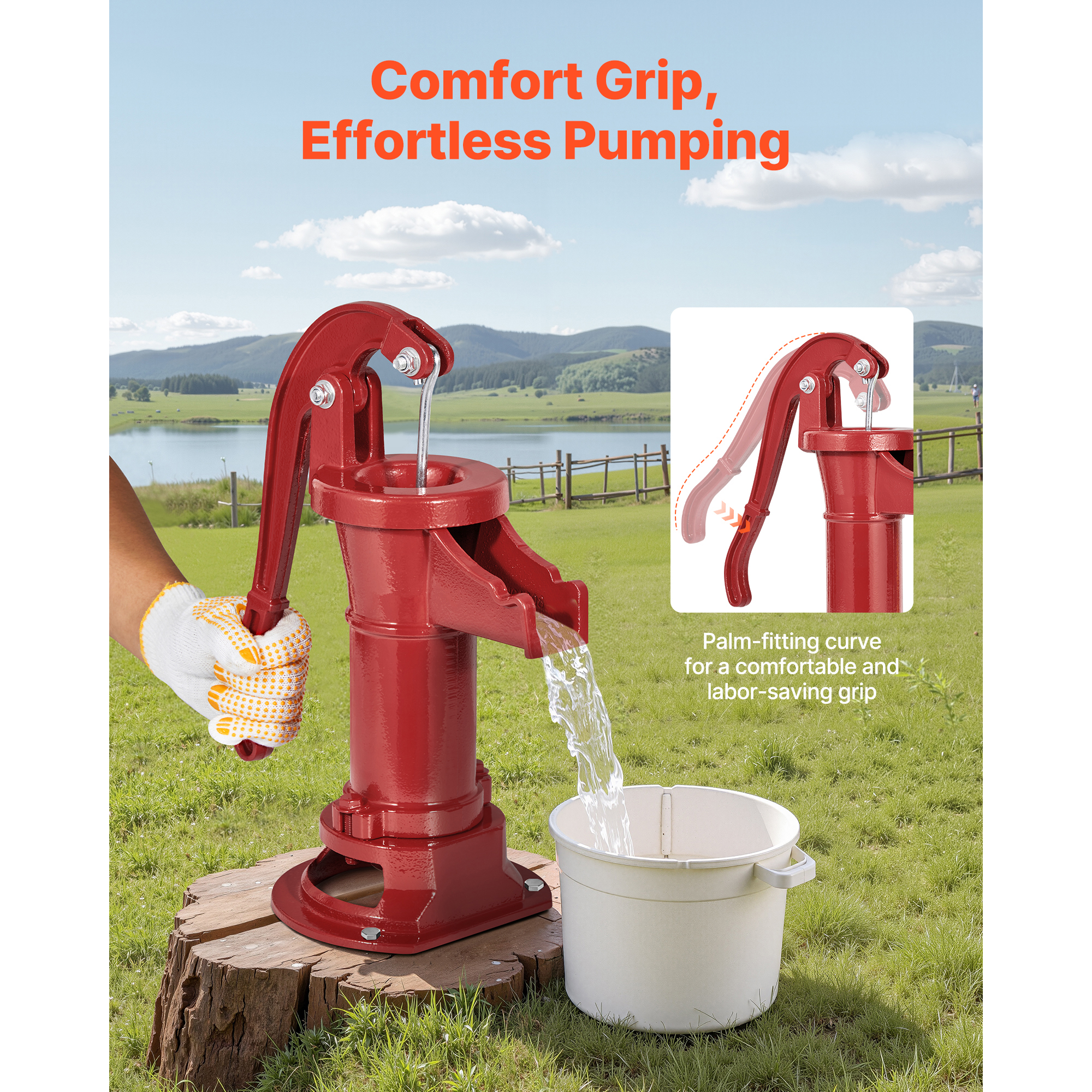 KFFKFF  Cast Iron Hand Well Pump, 25 ft Max Lift,  Antique Pitcher Pump, 1-1/4 in NPT Connection, Manual Water Pump for Gardens, Ponds, Backyards, and Farms, Red