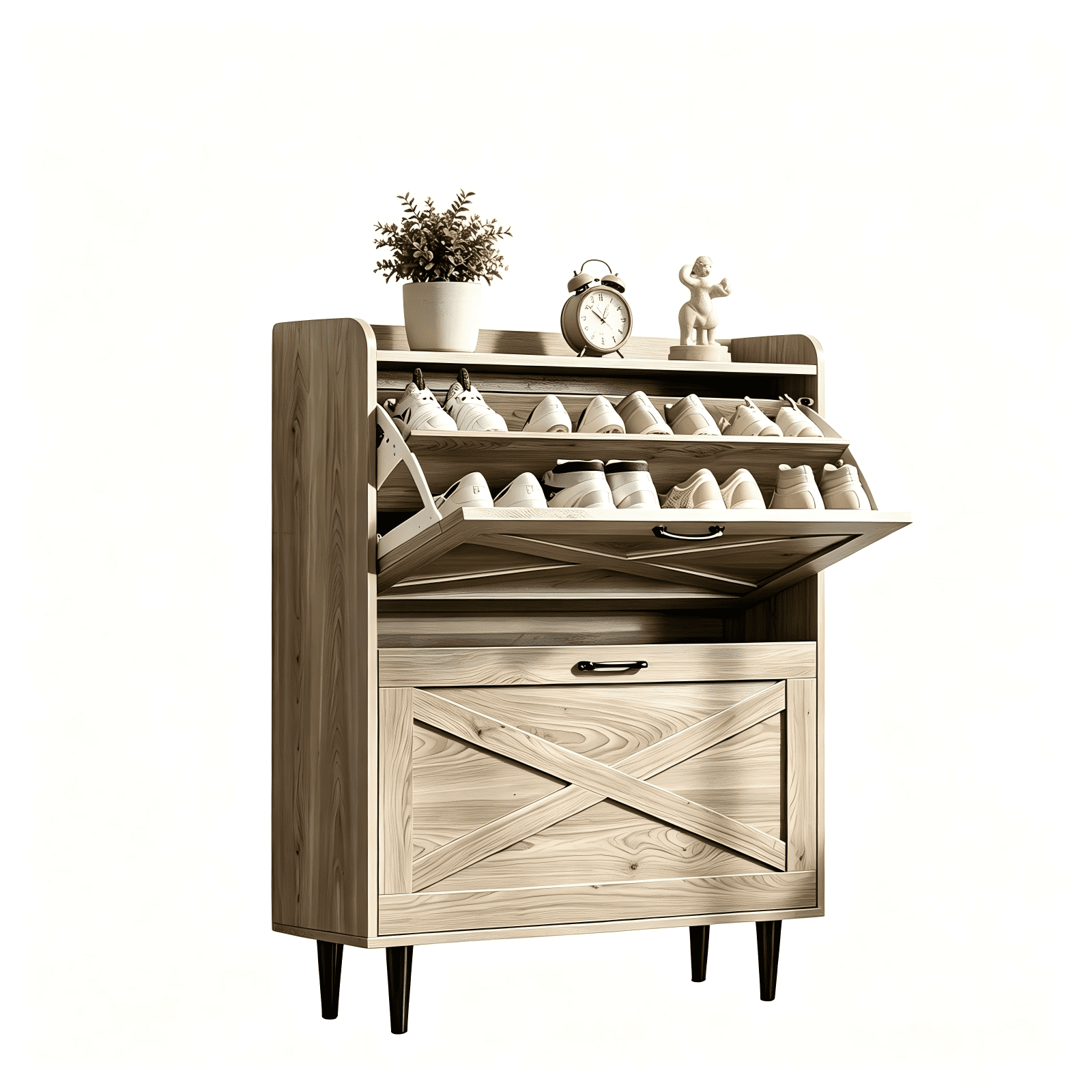 2-Drawer Barn Door Shoe Cabinet with Side Panel Countertop Melamine Board Embossed MDF Shoe Cabinet, 31.61*9.45*39.37in, Grey Oak