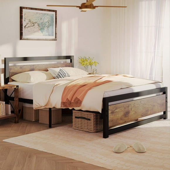 Towallmark Queen Size Metal Platform Bed Frame with Wood Headboard and Footboard & Metal Slat, 14 inch Queen Bed Frame