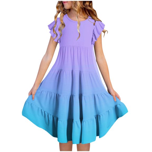 Your-Sty Girls' Summer Dress Short Sleeve Ruffled Pockets Round Neck Printed Casual Outfit