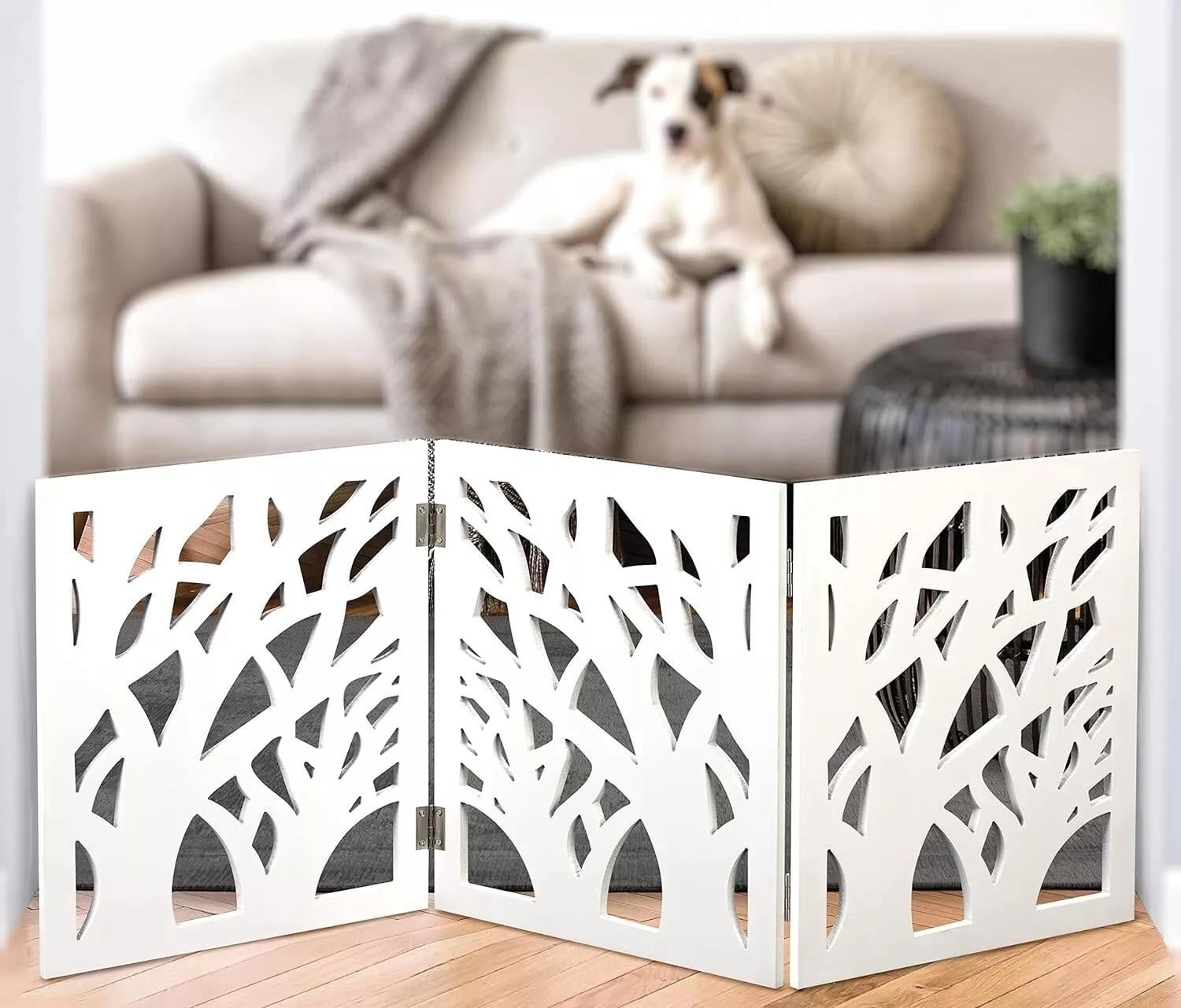 White Pet Gate - 3 Panel Wooden Hearts Design Dog Gate - Freestanding Tri Fold Durable Wood Dog Fence - Indoor/Outdoor Barrier for Stairs & Doorways