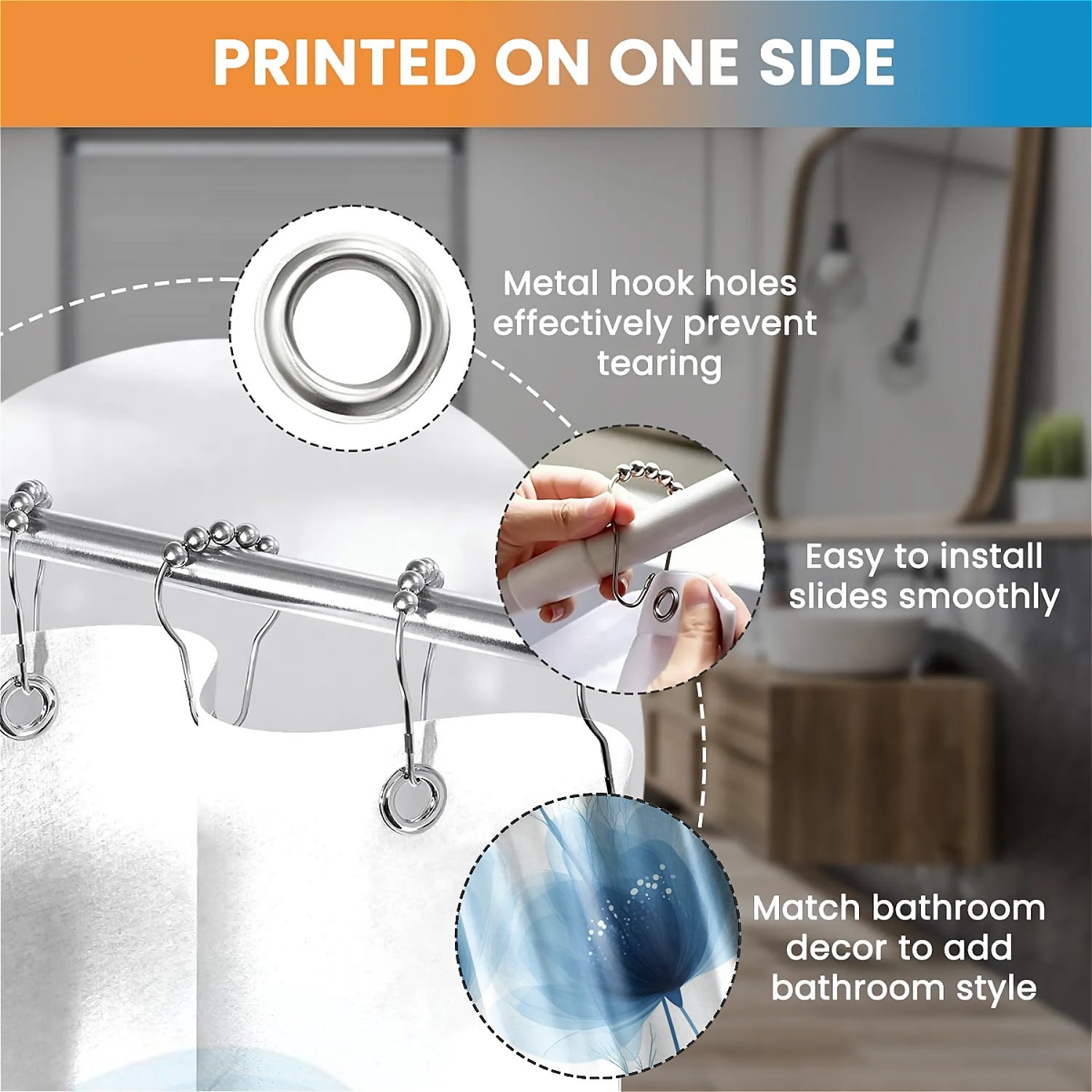 ARTSLION Shower Curtain Navy Blue Geometric Water Repellent Shower Curtain Set, With Hooks，Machine Washable, Modern Decorative Polyester Cloth Shower Curtains For Bathroom,72X84,Azure Bloom