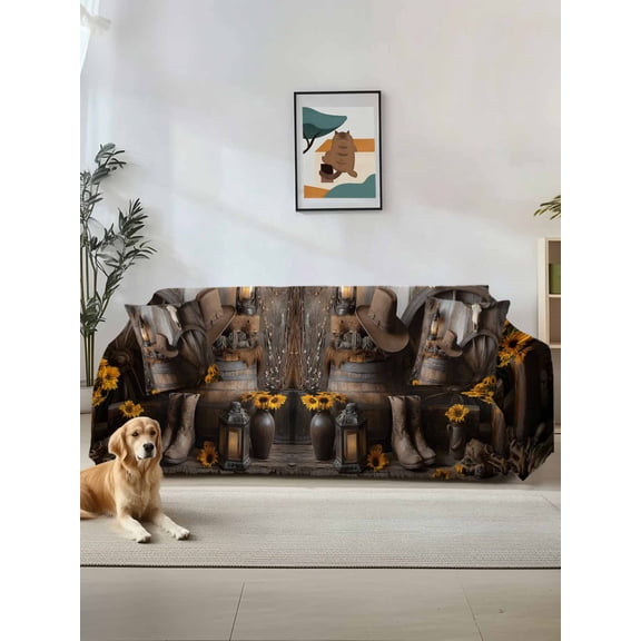 Vintage Western Couch Cover for Dogs, Countryside Sunflowers Wooden Retro Washable Sofa Covers Slipcover for Pets Dogs Futon Cover, Couch Recliner Covers, Oversized Chair Slipcover 71"x91"