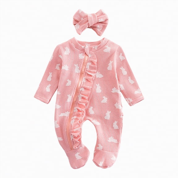 Linfrsh My First Easter Baby Girl Boy Outfit Footie Romper Waffle Knit Zipper Onesie Jumpsuit Newborn Easter Clothes(Pink,0-3 Months)
