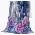 thumbnail image 2 of Black and white horses floral Flannel Blanket cozy butterfly equine artwork Home Decor for couch bedroom reading nook, Wedding Gift for horse lovers and couples, 2 of 9