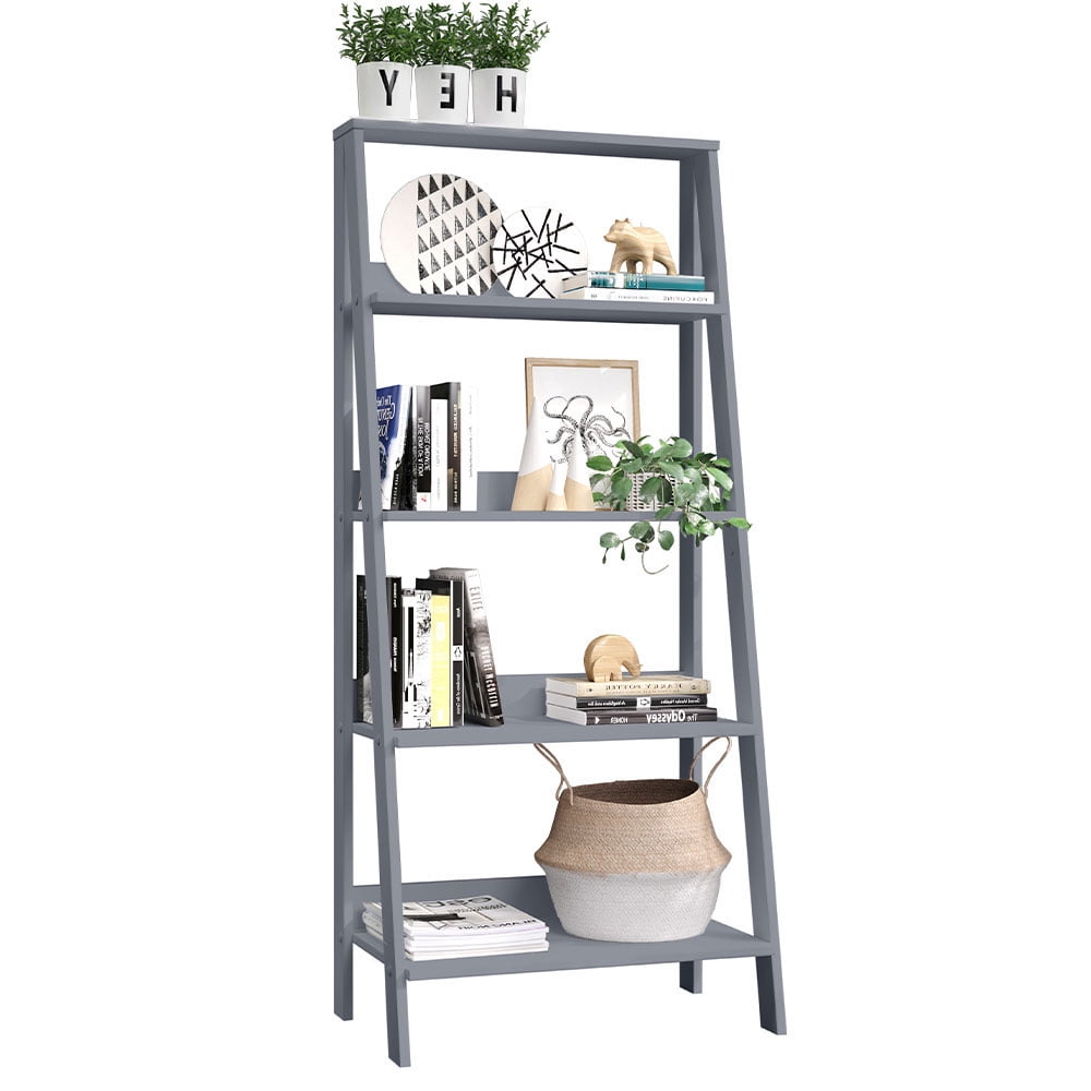 Madesa Modern 5-Tier Ladder Shelf Pantry Storage Space 24 Inch Wooden Free Standing Bookshelf Utility Shelves for Home Office Study Room and Kitchen  - Grey