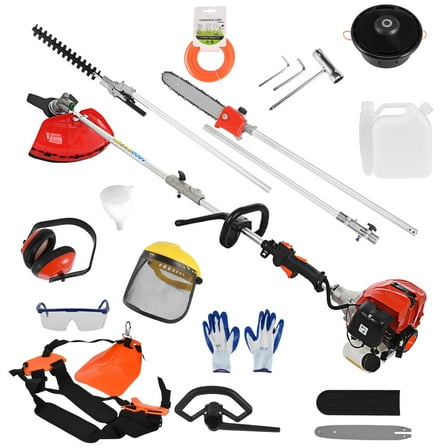 WETS 52cc Lawn Mower Gas Powered Trimming Tools 5 in 1 Multifunction Grass Cutter Trimmer Brush Cutter 2 Cycle Gas Hedge Trimmer Pole Saw with Extension Pole Chainsaw Earmuffs