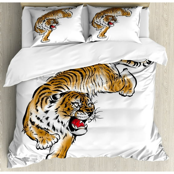 Tiger Duvet Cover Set, Japanese Inspired Large Feline Japanesque Design Free Hand Drawing Traditional, Decorative 3 Piece Bedding Set with 2 Pillow Shams, Calking Size, Black Pale Brown, by Ambesonne