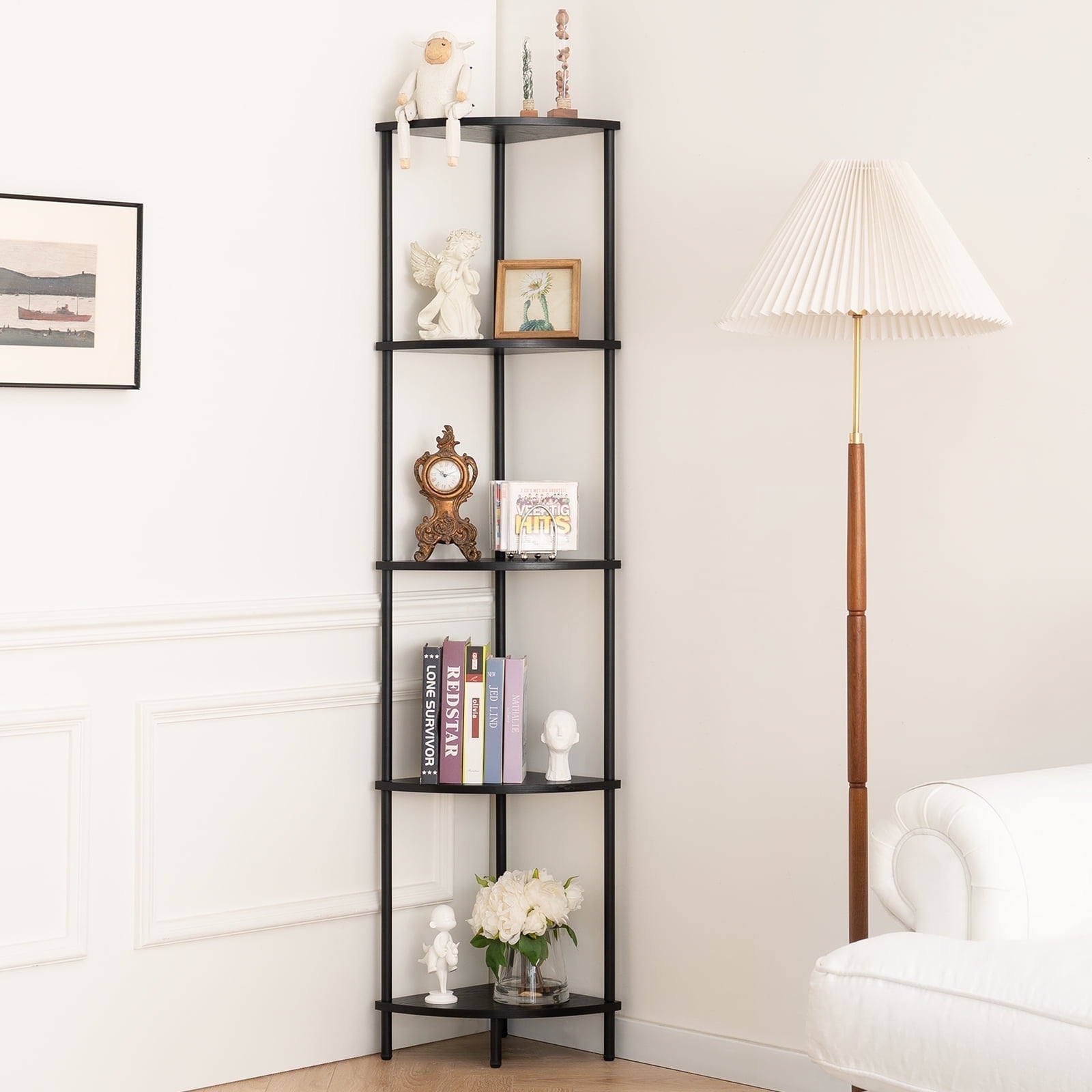 Yoobure Corner Shelf Stand, 5-Tier Corner Shelves, 65" Wall Corner Bookshelf, Display Shelf Tall Shelf Plant Stand for Bedroom, Bathroom, Living Room, Black
