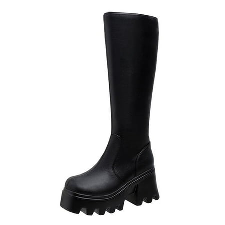 

Black Boots for Women Ladies Fashion Solid Color Leather Side Zip Chunky Heel Platform Casual Long Boots Keen-High Boots for Women PU Black