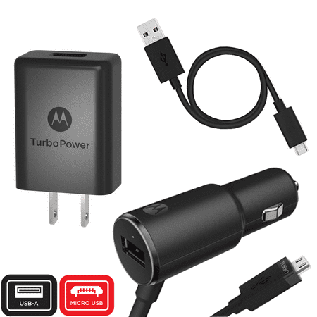 Motorola TurboPower Micro-USB Essentials Bundle: TurboPower 25 Car Charger & TurboPower 15+ Wall Charger with 1 SKN6461A data cable for Moto X Pure, Droid Turbo 2, Moto G5 Plus (Retail