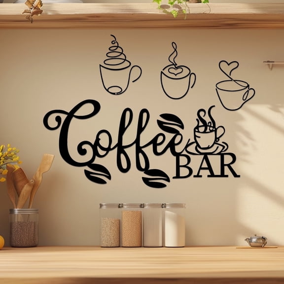 Rustic Coffee Bar Decor Black Metal Wall Art Signs - Coffee Bar, Bean & Cup Style, Hanging Wall Decor Coffee Bar Essentials