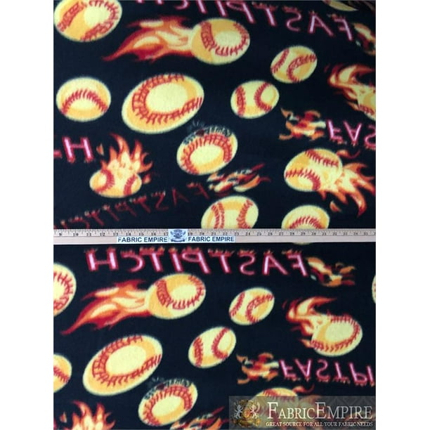 FLEECE PRINTED *FAST PITCH BASEBALL BLACK* FABRIC / BY THE YARD