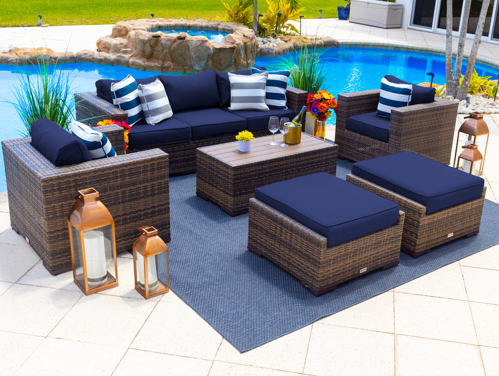 Sorrento 6-Piece L Resin Wicker Outdoor Patio Furniture Lounge Sofa Set in Brown w/ Three-seat Sofa, Two Armchairs, Two Ottomans, and Coffee Table (Flat-Wicker Brown Wicker, Sunbrella Canvas Navy) - image 1 of 5