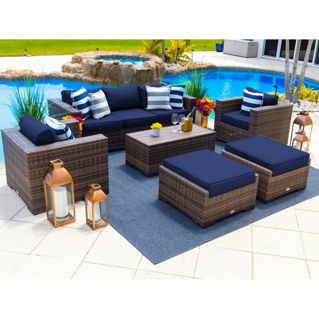 Sorrento 6-Piece L Resin Wicker Outdoor Patio Furniture Lounge Sofa Set in Brown w/ Three-seat Sofa, Two Armchairs, Two Ottomans, and Coffee Table (Flat-Wicker Brown Wicker, Sunbrella Canvas Navy)