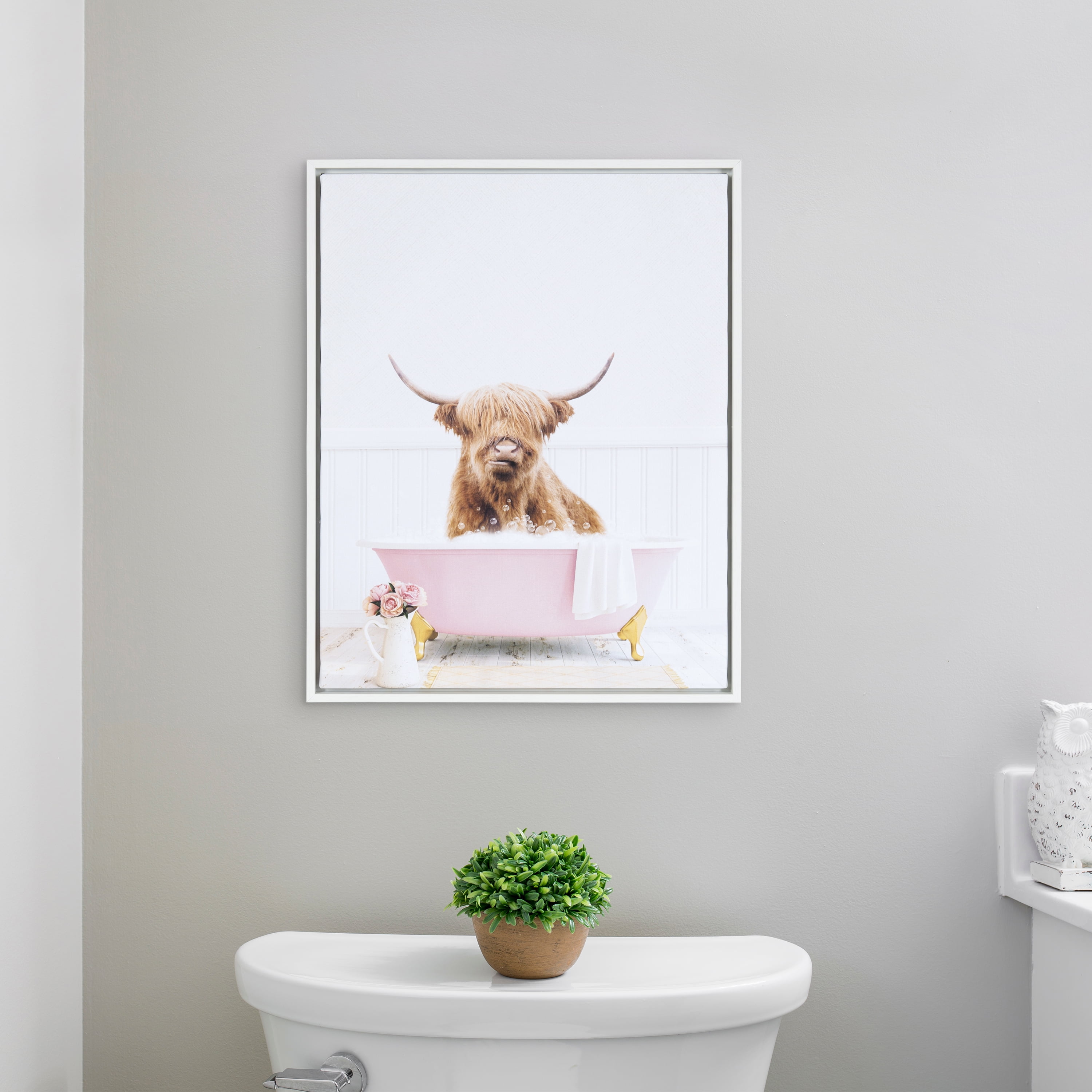 Amy Peterson Highland Cow in Cottage Rose Bath 16"x 20" Framed Canvas Art Print by Design Ovation