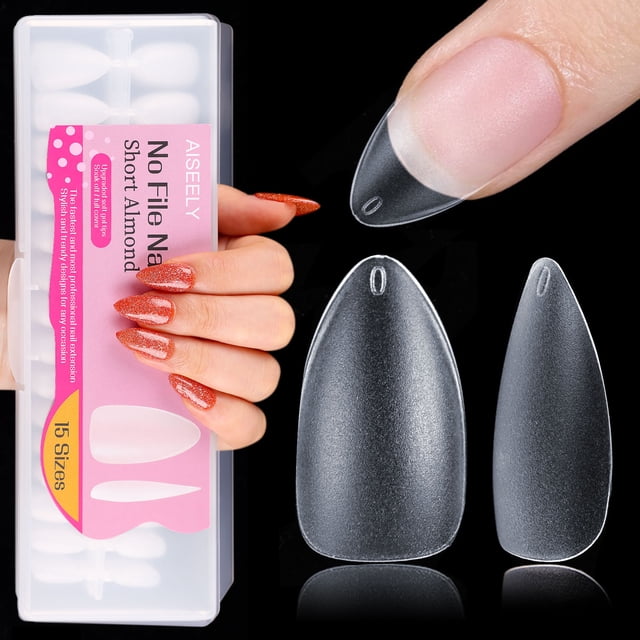 Nail Tips, 360 Pieces, Full Cover Soft Gel Tips, No-File Nail Tips, Short Pre-Buff PMMA Resin Artificial Nails Tips in 15 Sizes, Almond for Gluing, Nail Art for Nail Studios, Starter DIY