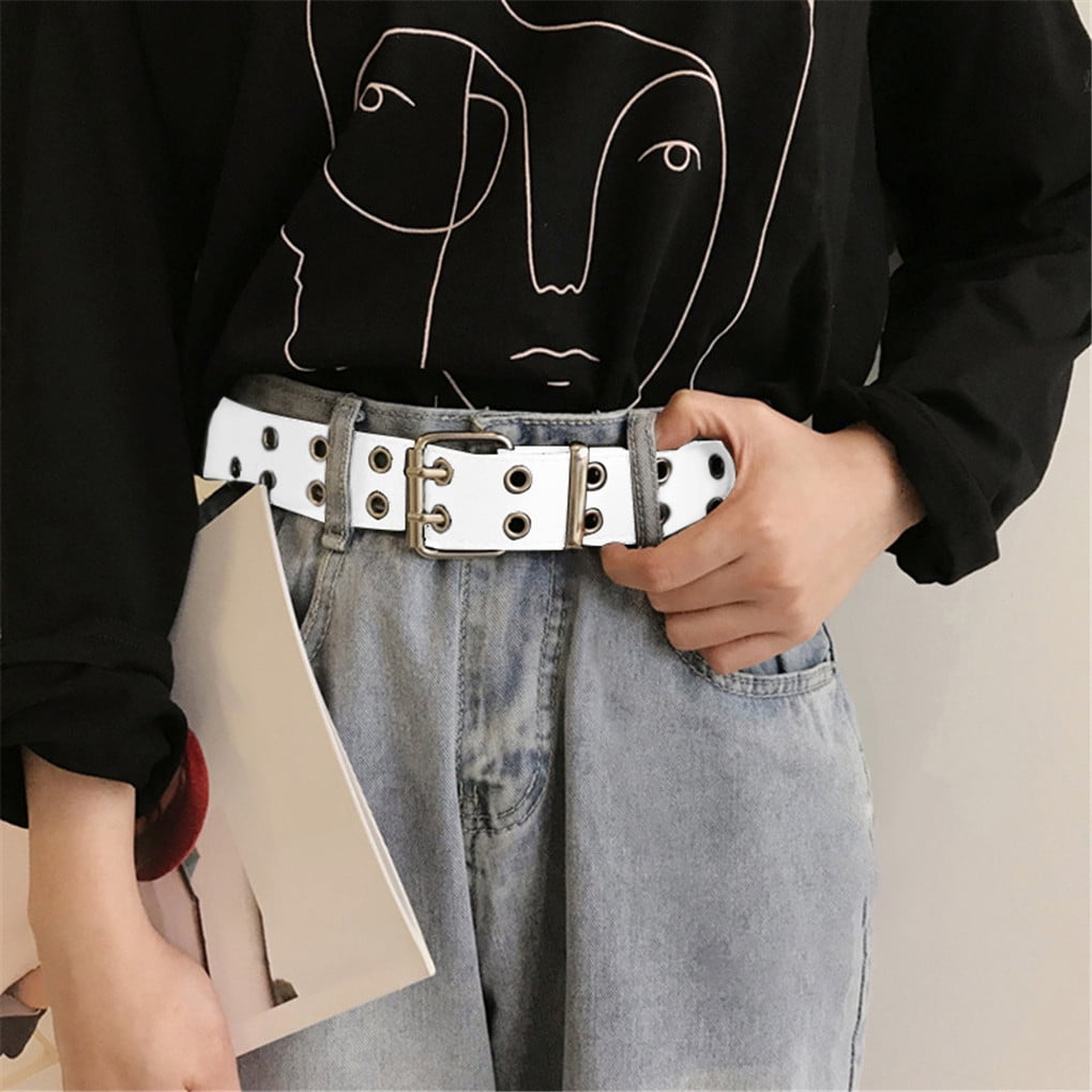 Fashion Casual Double Hole Grommet Belt,Adjustable Jeans Metal Square  Buckle Belt,Double Grommet Belt for Women Jeans , Coffee 