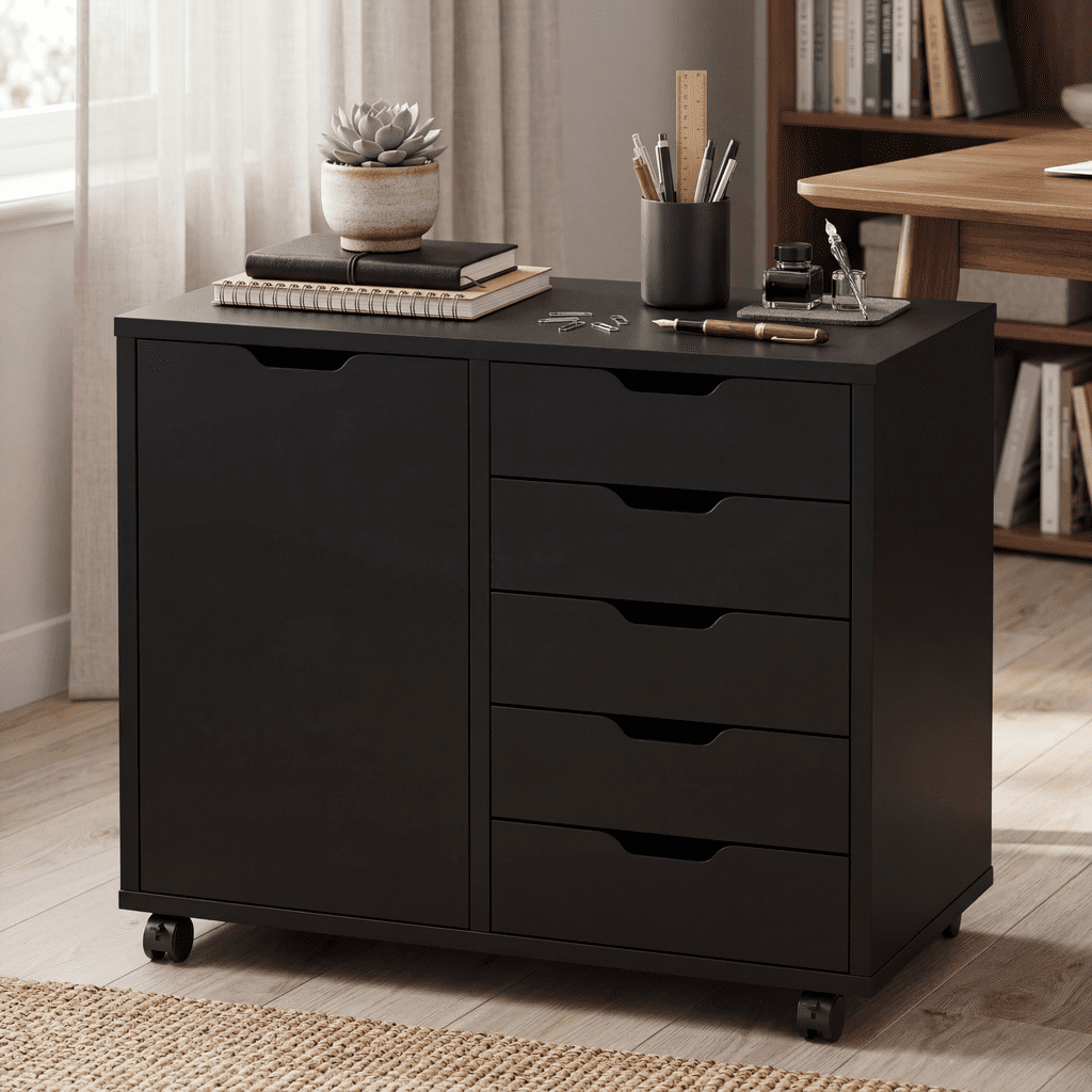 CONCETTA 5-Drawer Rolling File Cabinet on Wheels, Wood Printer Stand with Storage Drawers for Home Office, Black