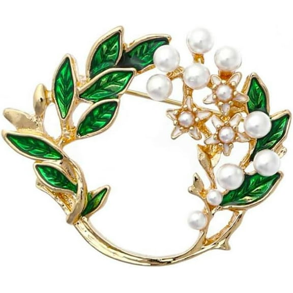 Elegant Flower Wreath Brooches For Women Men Dainty Pearl Gold Tone Fashion Round Circle Brooch Lapel Pin Green Olive Leaf Hollow Brooch Dress Accessories Party Jewelry Birthday Gift