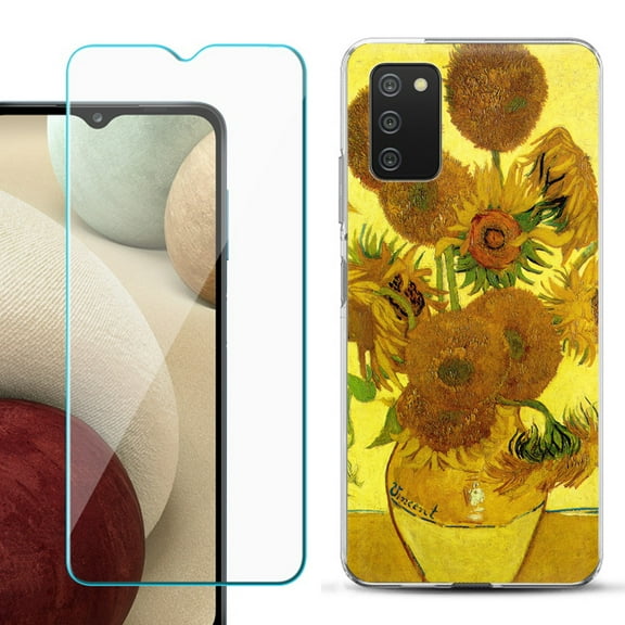 Slim-Fit TPU Fashion Phone Case for Samsung Galaxy A03s, with Tempered Glass Screen Protector, by OneToughShield ® - Sunflower