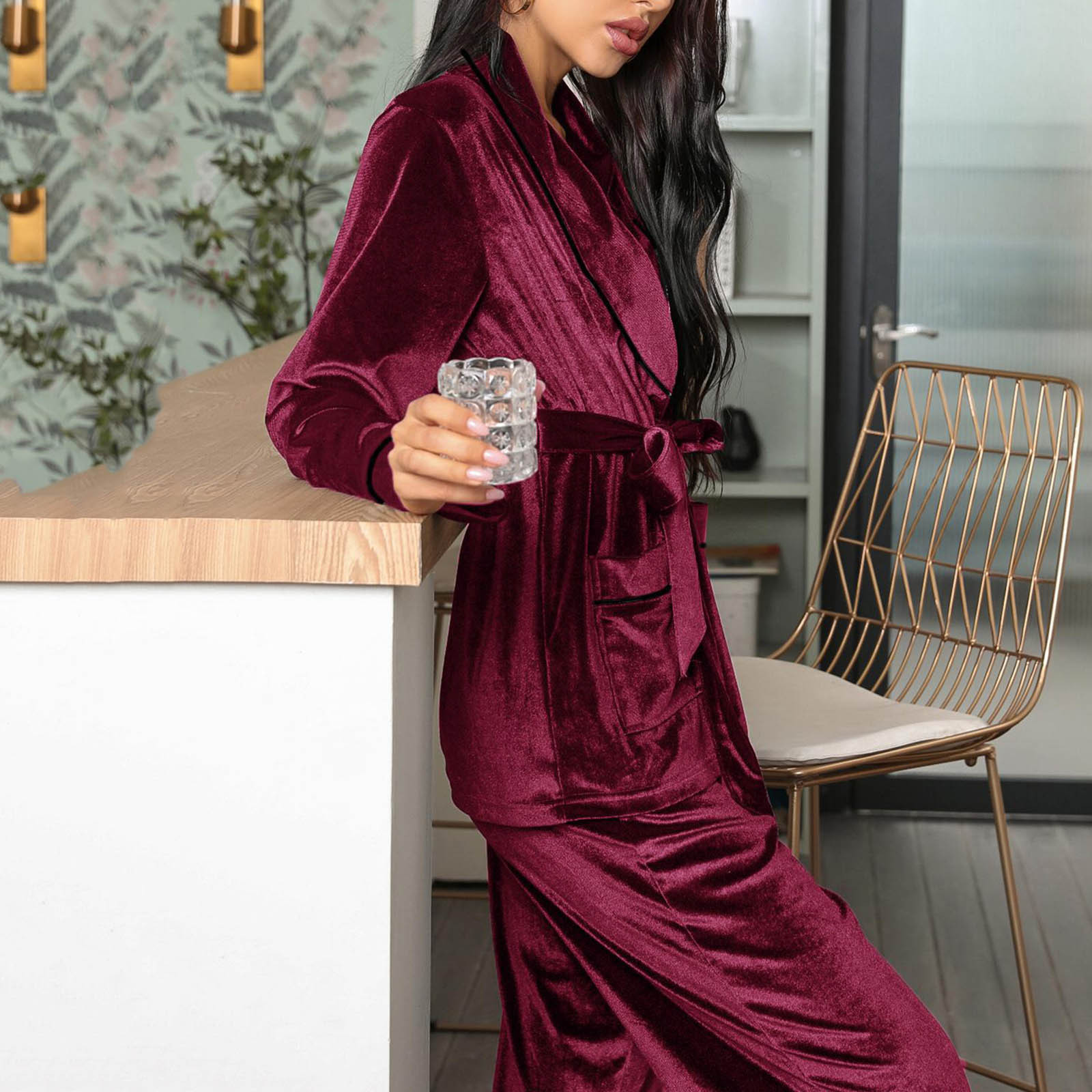 Velour Pjs for Women Sets,Ladies Velvet Pyjama Set Two Pieces Long Sleeve Casual V Neck Wrap Sweatshirt and Lounge Bottoms Nightwear Loungwear Autumn Winter Pajama Sets Sale Clearance - image 4 of 5