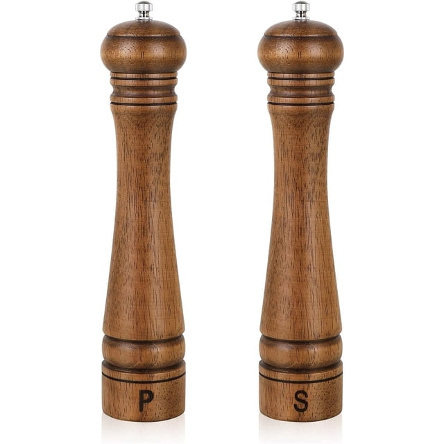 Salt and Pepper Grinders Set,10Inch Updated Manual Wooden Pepper Shaker Set,Oak Wood Salt Mill Pepper Grinder Set Refillable with Adjustable Ceramic Rotor 2Pack
