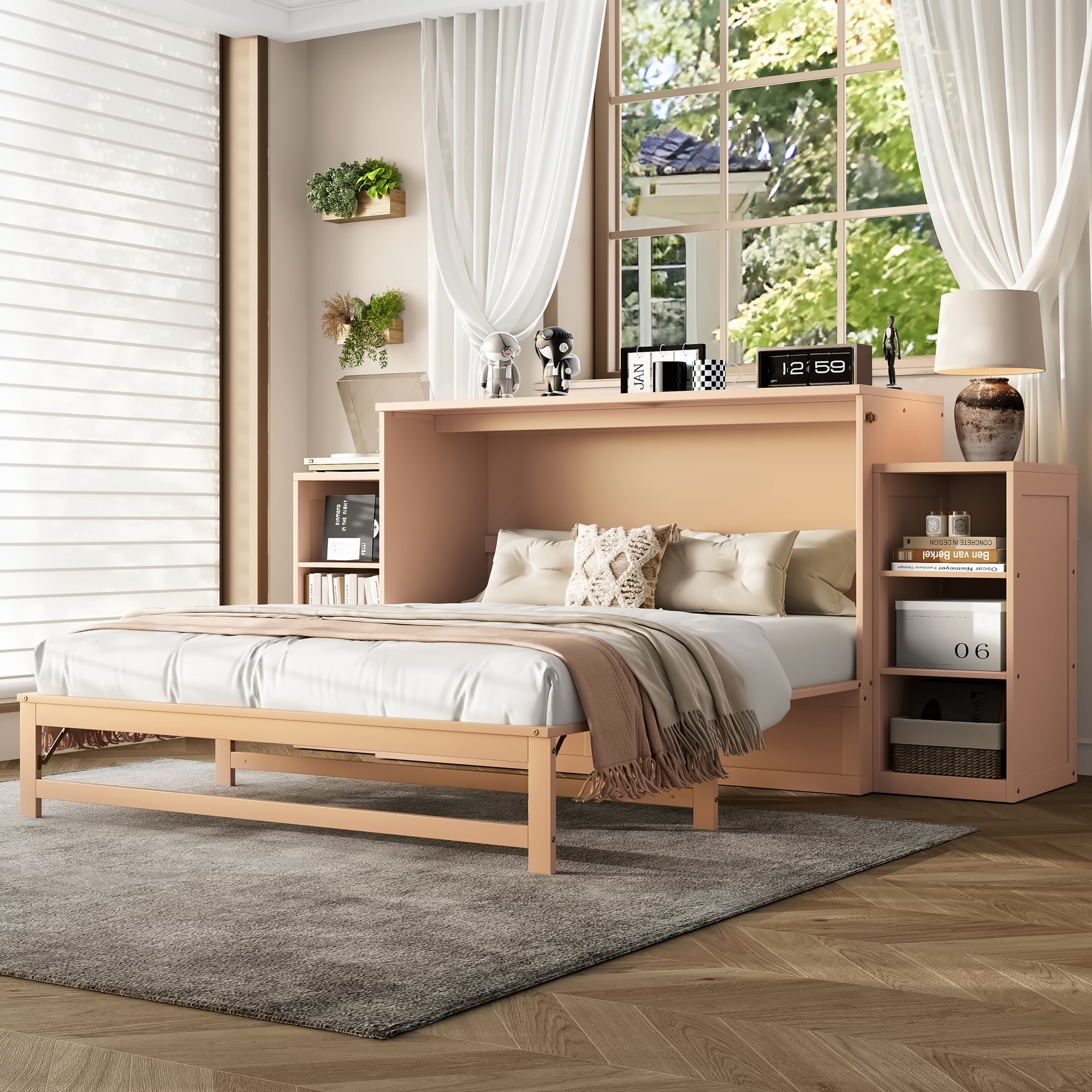 Mintazer Queen Size Murphy Bed with 6 Side Shelves & 2 Drawers, Modern Foldable Cabinet Bed for Bedroom Apartment Guest Room, Gold