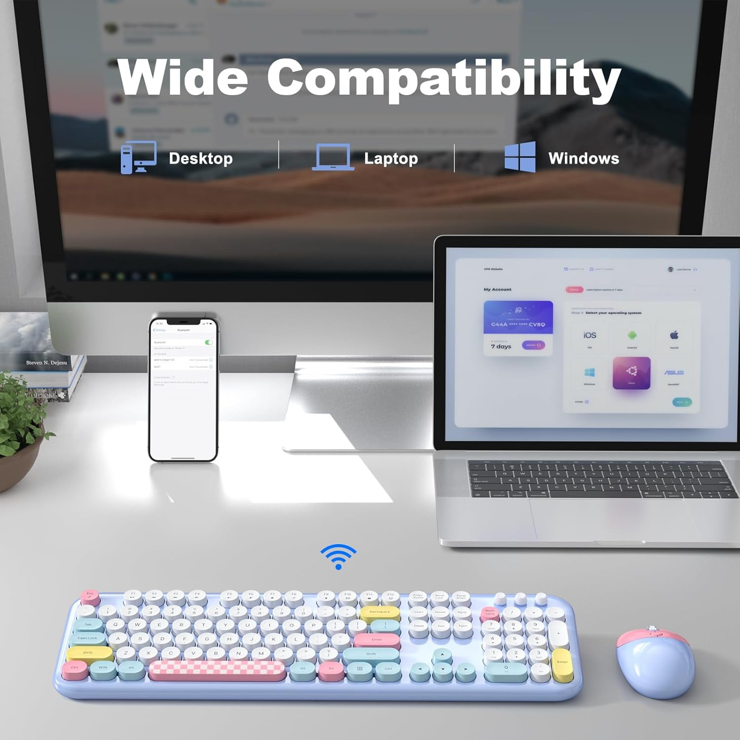 MOFII Wireless Keyboard and Mouse Combo 2.4GHz Retro Full-Size Keyboard with Number Pad and Cute Wireless Mouse (Light Blue Colorful)