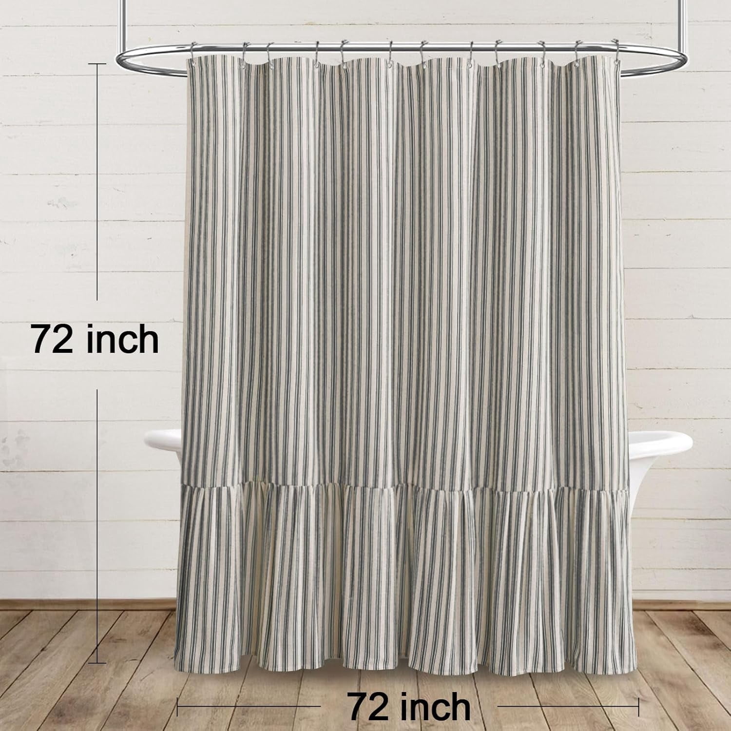Shower Curtain with Ruffle Hem Linen Shower Curtains for Bathroom Country Vintage Rustic Natural Fabric, Cream-Black Stripe 72" W x 72" L