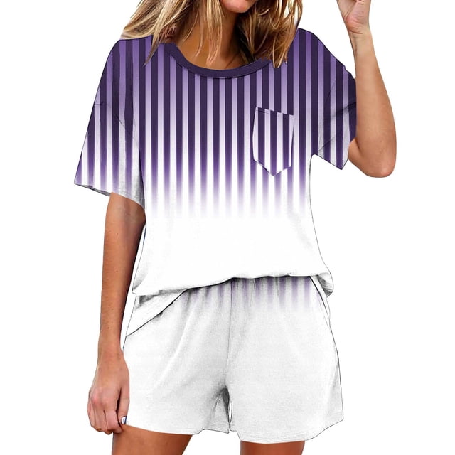 Conjunto de pijama de mujer de moda de color sólido de manga corta cuello redondo y pantalones con poliéster suave, desgaste de casa transpirable para verano diario