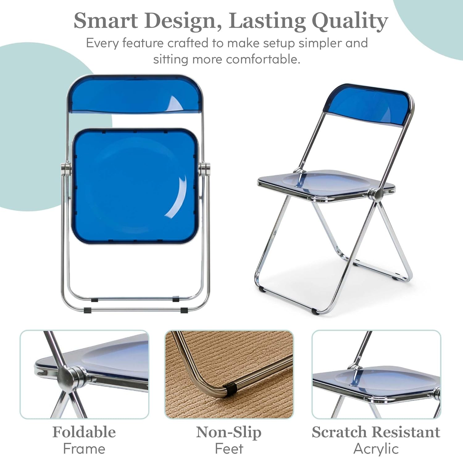 EventStable Clear Acrylic Folding Chair with Electroplate Chrome Frame, Lightweight Portable Seating Stackable Comfortable Chair for Indoor Outdoor Dining, Events & Parties - Cobalt Blue - 4-Pack