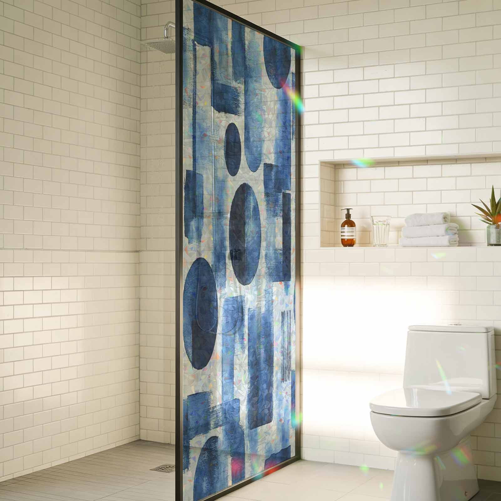 Blue Geometric Window Privacy Film Stain Glass,Reusable Decorative Rainbow Window Film,Modern Abstract Vintage Art Aesthetic Static Cling Sun Blocking Stickers Decals Covers 23.6" x 59" (2pcs)