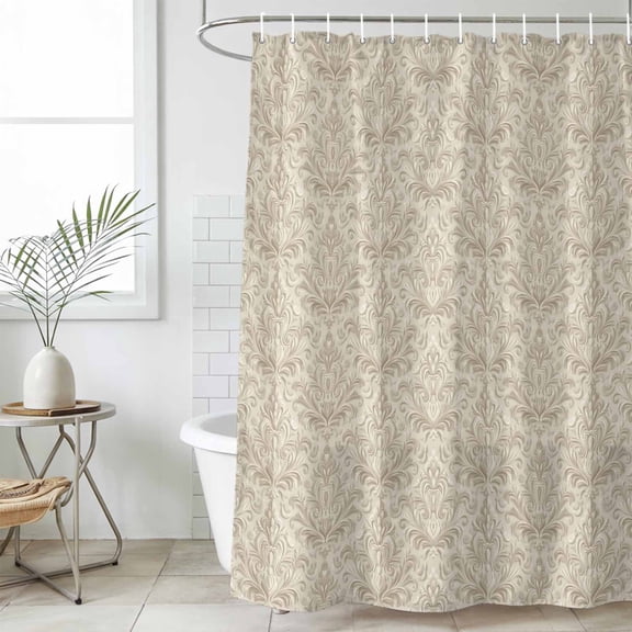 Beige Baroque Shower Curtain Set, Waterproof Shower Curtains for Bathroom, Farmhouse Scroll Floral Pattern Art Washable Fabric Cloth Bath Curtain for Bathtub Decoration with Hooks 60x72 Inches