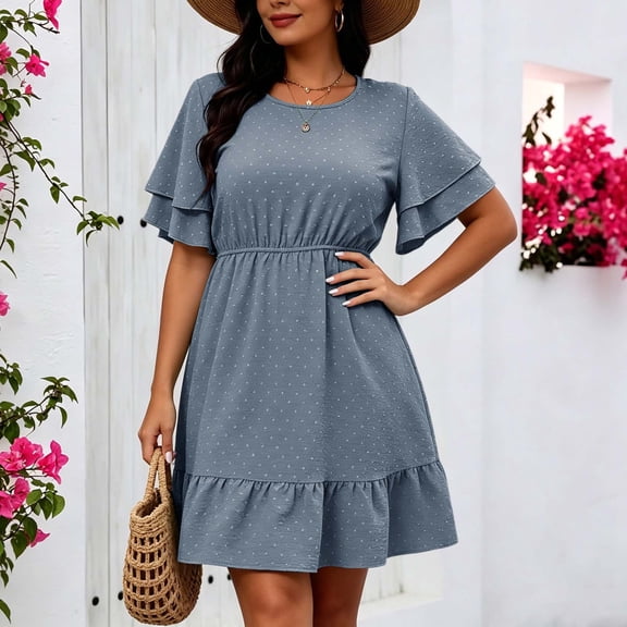Ovbmpzd Swing Summer Loose Mini Dresses for Women And WomenʼS Plus Ruffled Short Sleeve Tiered Dresses Gray Crew Neck Elastic Waist Shirt Dresses,XXXXL